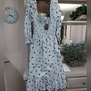 Kate Spade Blue Floral Dot Smocked Midi Dress L NWT